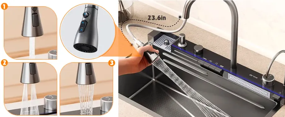 Waterfall Kitchen Faucet with Rain Shower Spray